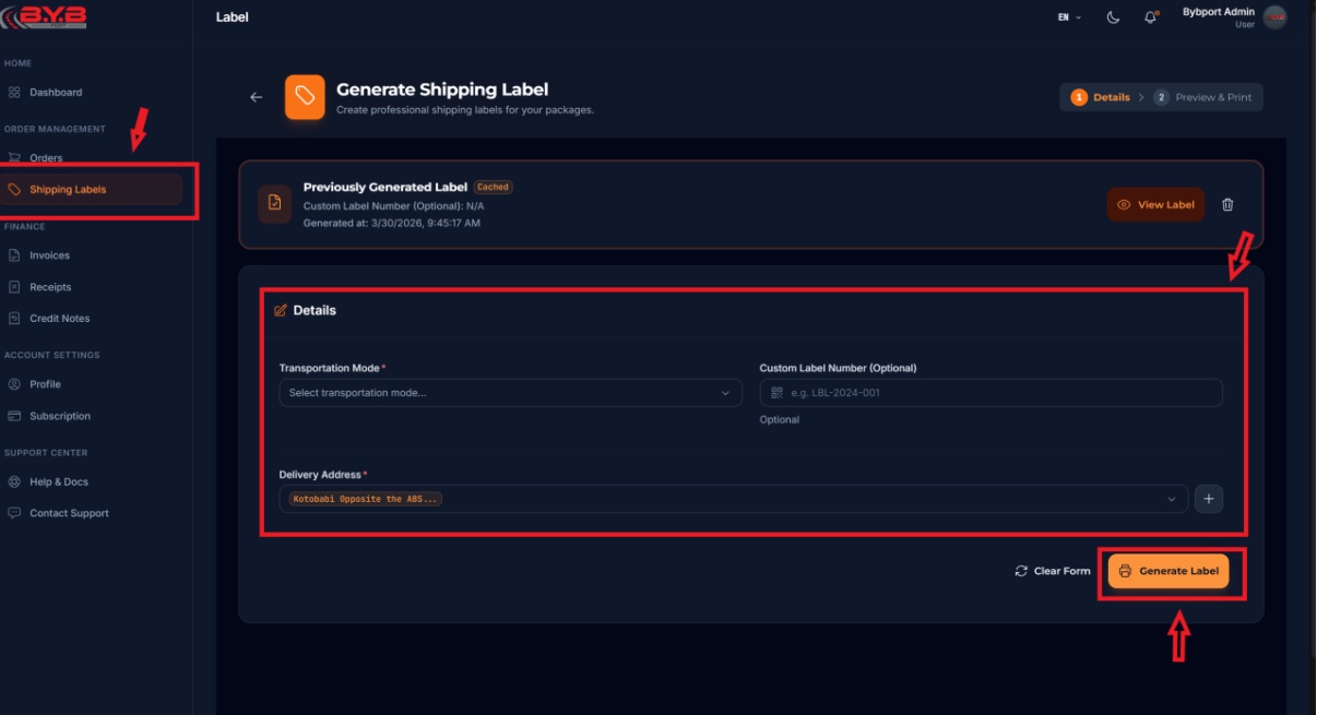 Generate Your Official Shipping Label - Screen 1